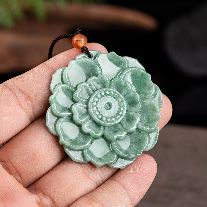 Jade Lotus Kette Anhänger grüner Stein Glück Wohlstand Heilstein.