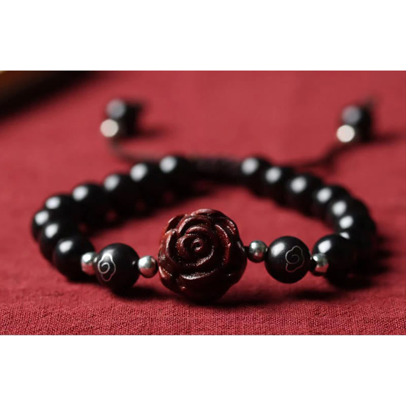 Sandelholz Rosen Armband mit schwarzen Perlen Elastisch