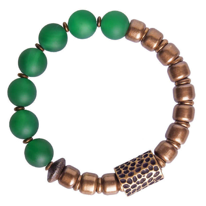 Grünes Achat Armband mit Kupferperlen elastisch getragen Naturstein.