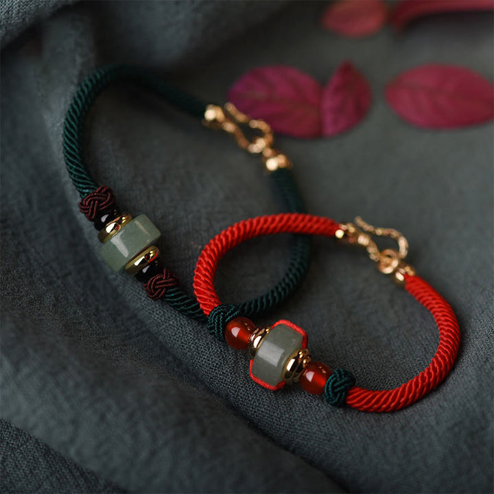 Armband Grüner Aventurin mit roten Kordeln Glück Energie Naturstein