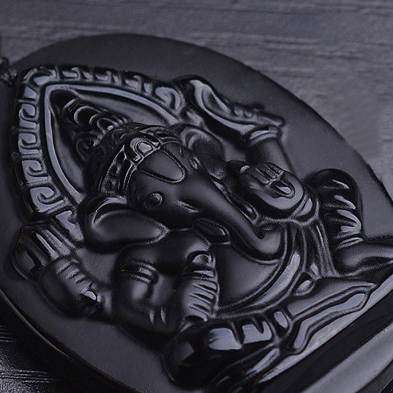 Obsidian Kette Ganesha Anhänger schwarzer Naturstein Wohlstand Segen