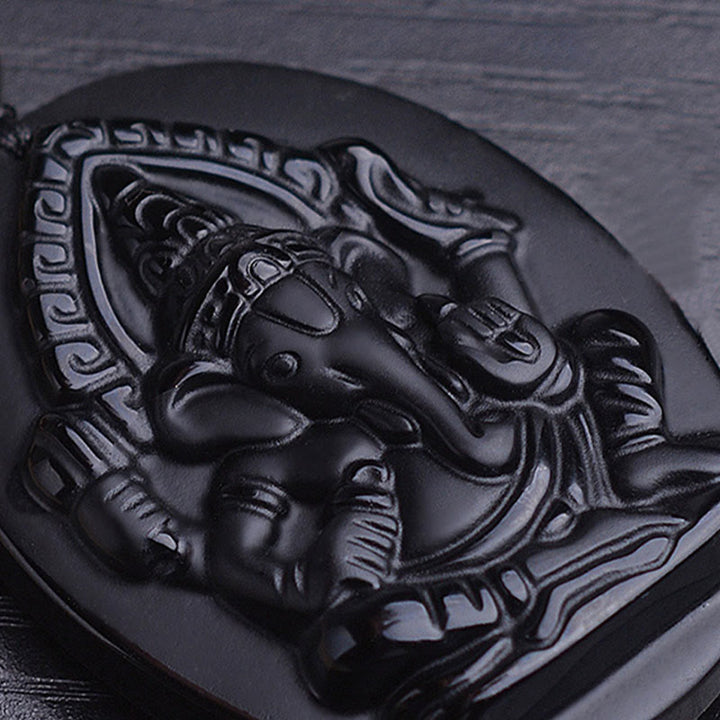 Obsidian Kette Ganesha Anhänger schwarzer Naturstein Wohlstand Segen