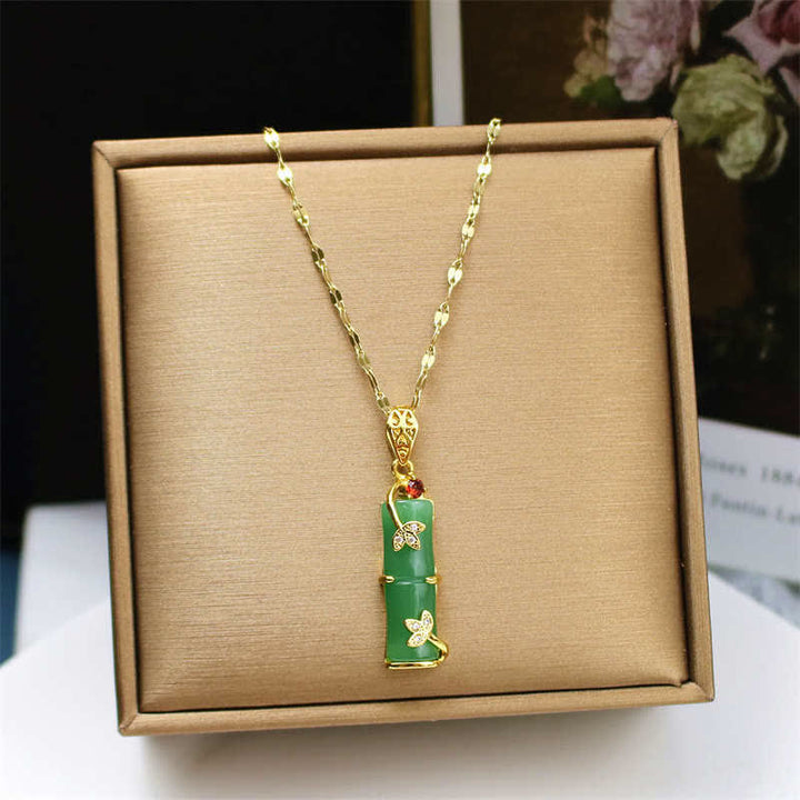 Jade Bambus Anhänger grün gold Kette Glück Schutzstein Schmuck