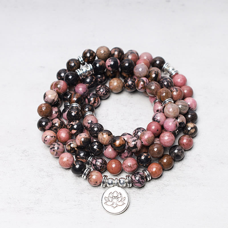 Mala Rhodonit Lotus Armband mit rosa braunen Natursteinen Lotusbaumler