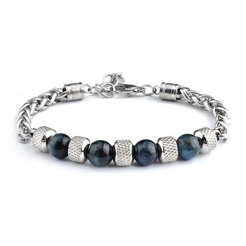 Silbernes Armband mit schwarzen Onyxperlen und Tigerauge Steinen – Mut.