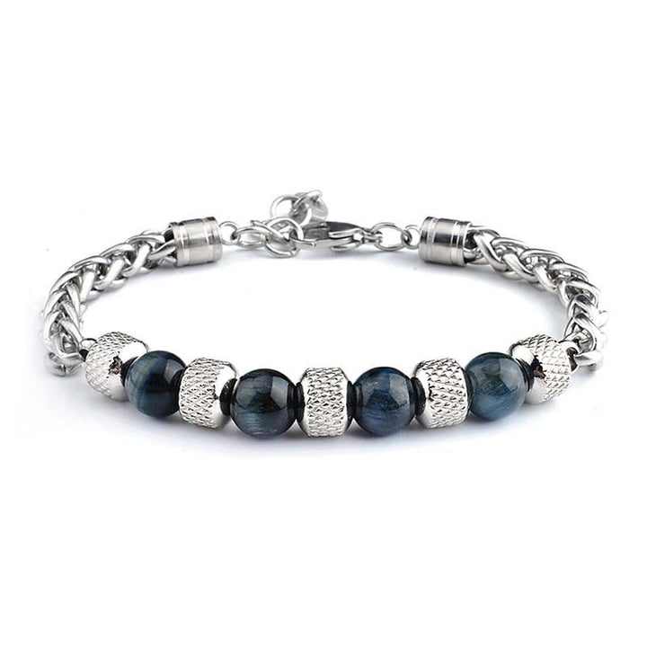 Silbernes Armband mit schwarzen Onyxperlen und Tigerauge Steinen – Mut.