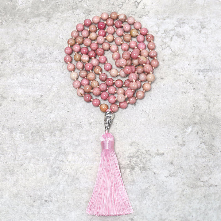 Mala 108 Rhodonite Perlen Yoga Kette rosa Naturstein Quaste Flachlage