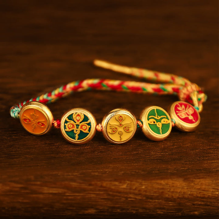 Armband Five Five – Glück & Wohlstand vergoldete Perlen buntes Stoffband.