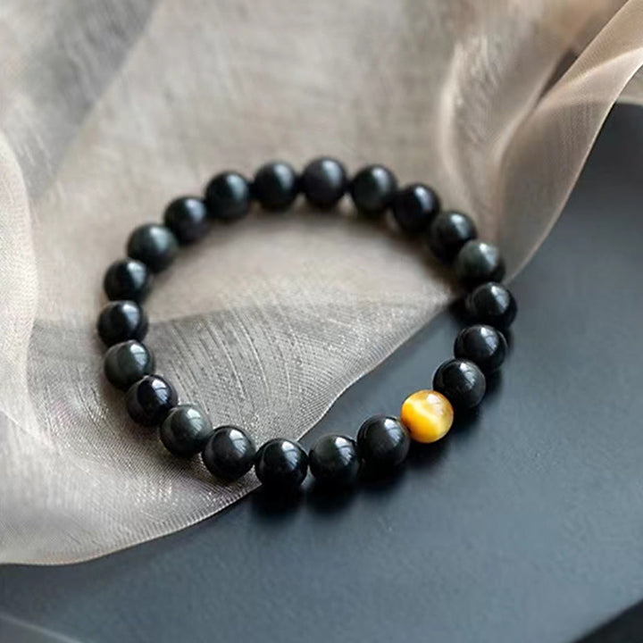 Schwarzes Obsidian Armband mit gelbem Tigerauge Stein Liebe