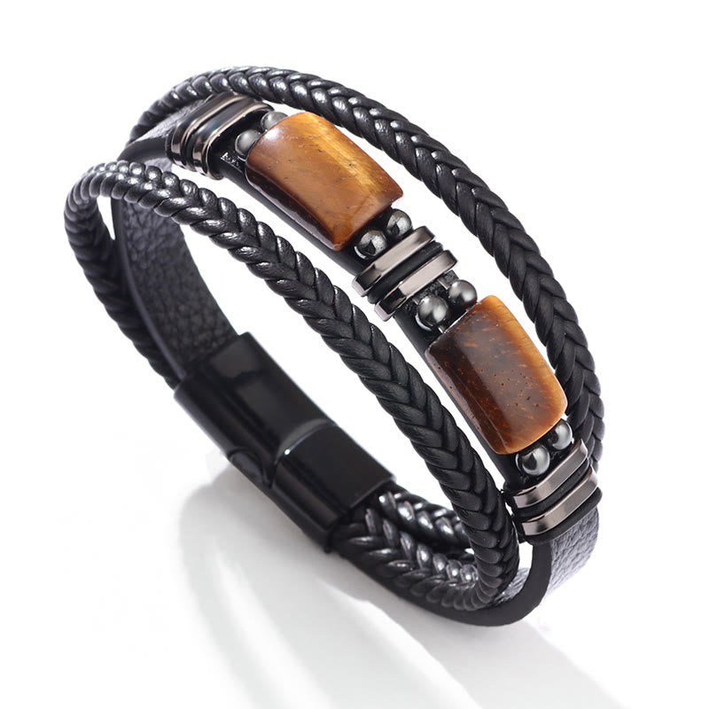 Schwarzes Lederarmband Tigerauge Magnetisch mit Edelstahlverschluss.
