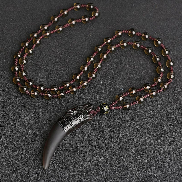 Anhänger Obsidian Wolf Kette mit braunen Perlen Naturstein Mut Schutz