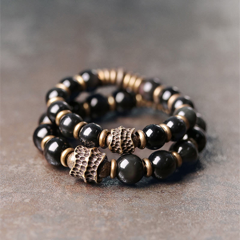 Armband Obsidian Kupfer – Heilung & Liebe schwarze glänzende Perlen bronze Perlenkappe