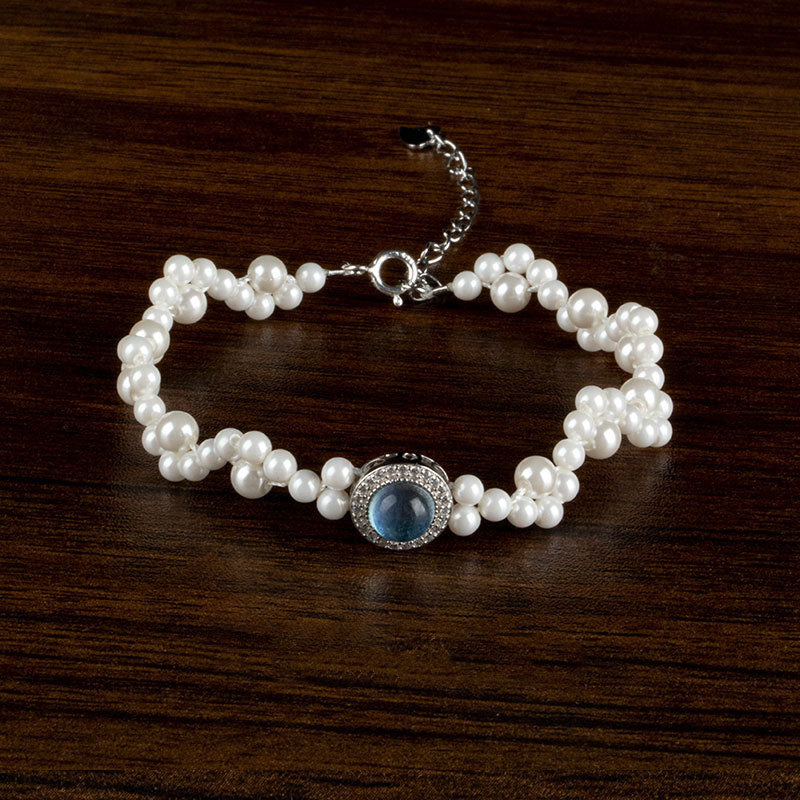 Elegantes Perlenarmband mit blauem Stein 925 Silber Verschluss Kette.