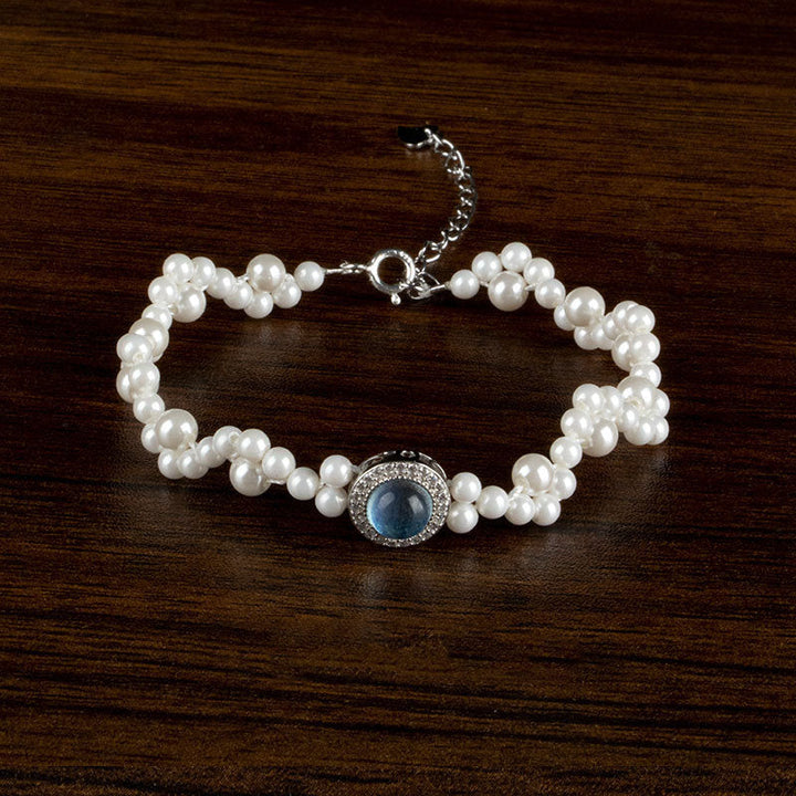 Elegantes Perlenarmband mit blauem Stein 925 Silber Verschluss Kette.