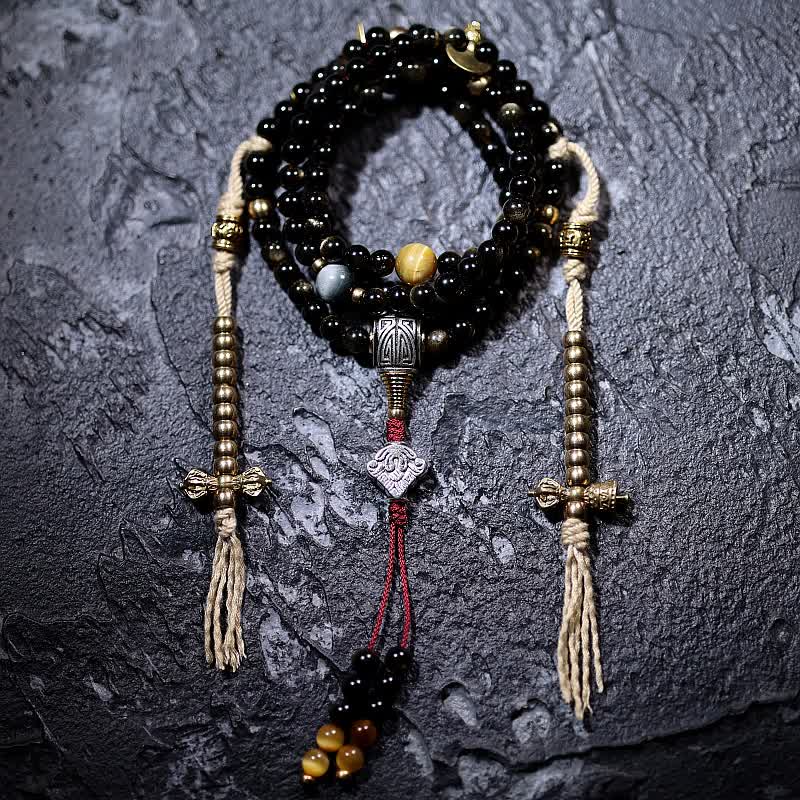 Mala Tigerauge Obsidian Armband schwarze Perlen Wohlstand Schmuck