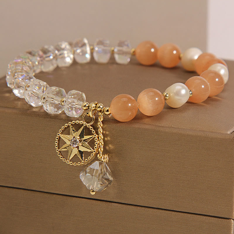 Armband Weißer Kristall Stern mit Pfirsichstein und Perlen elegant