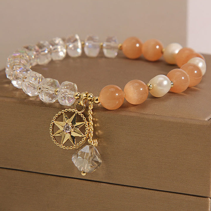 Armband Weißer Kristall Stern mit Pfirsichstein und Perlen elegant