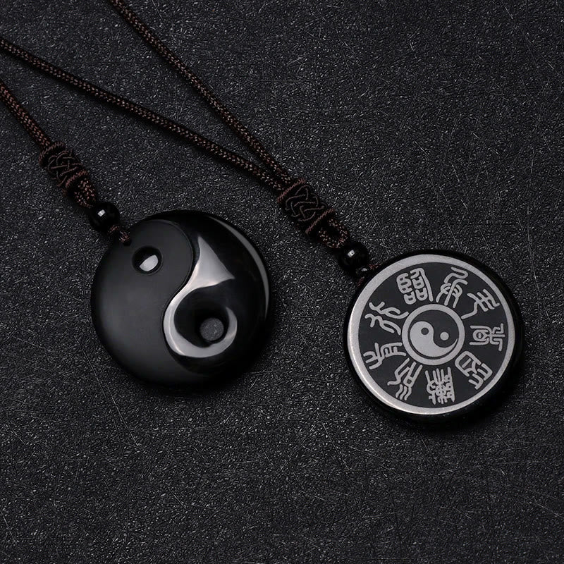 Kette Obsidian Yin Yang Anhänger schwarzer Naturstein Doppelseite