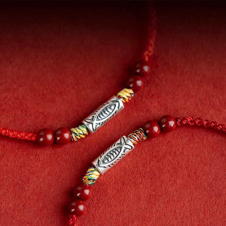 Armband 925 Silber Zinnober Koi Fisch Wohlstand rotes Textilband