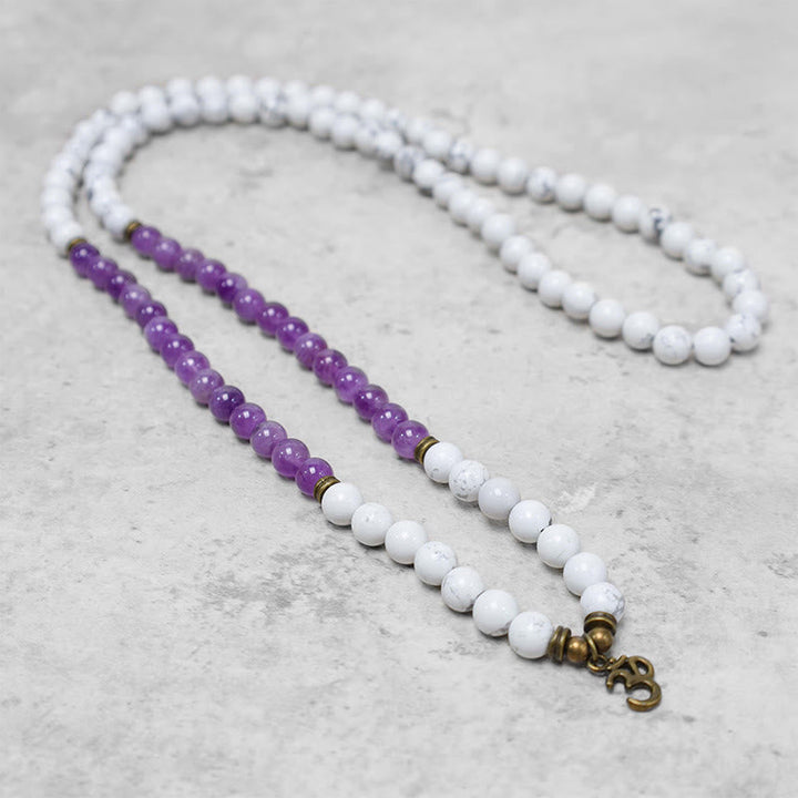 Amethyst-Weiß Mala Halskette mit Om-Anhänger Naturstein Perlen