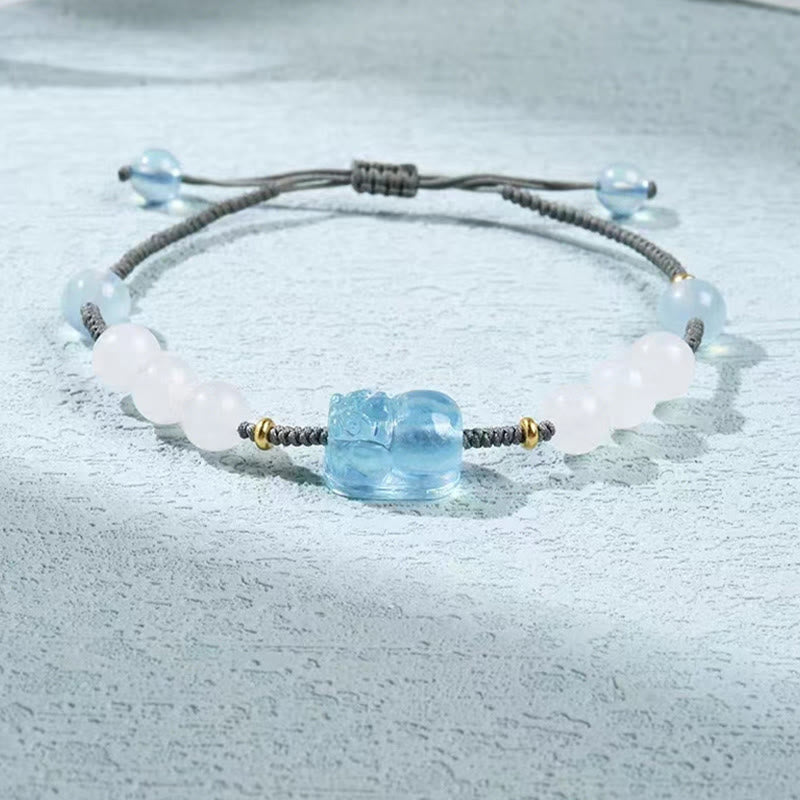Armband Weiße Jade Aquamarin Pixiu Heilstein elastisch grau Schnur getragen
