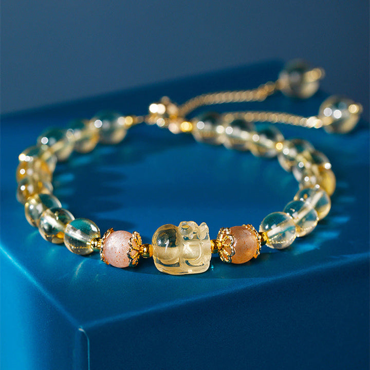 Armband Erdbeerquarz Aquamarin Pixiu Gold elastisch Naturstein Heilung