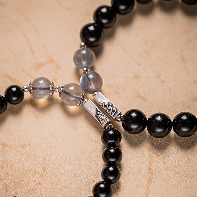 Armband 925 Silber Mondstein schwarze Perlen elegantes Paar Design Stärke.