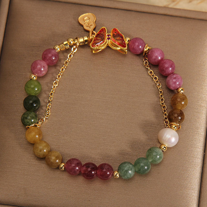 Armband Schmetterling – Energie mit bunten Natursteinen und goldenem Schmetterling Charm
