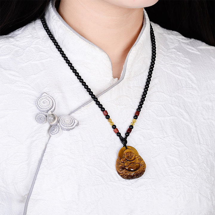 Kette Tigerauge lachender Buddha Segen Perlen schwarz