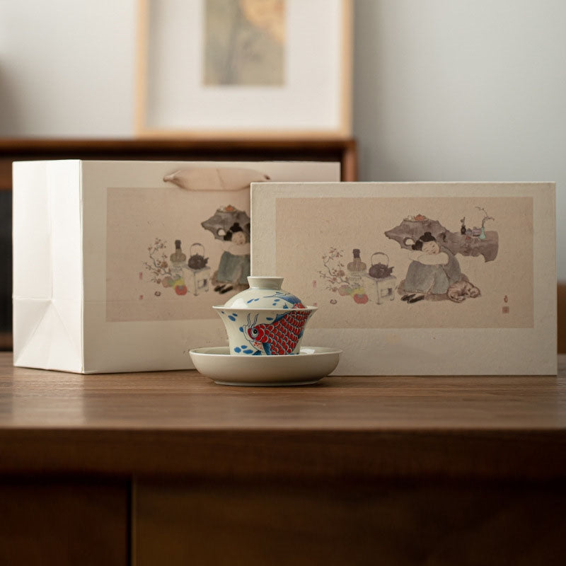 Gaiwan Koi Arowana Sancai Keramik 130ml Roter Koi Gaiwan Teetasse (Geschenkbox)