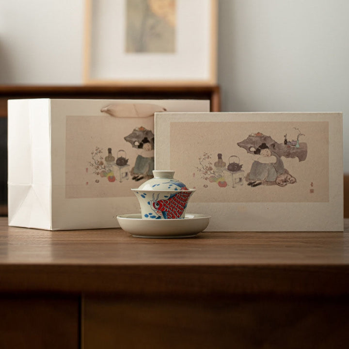Gaiwan Koi Arowana Sancai Keramik 130ml Roter Koi Gaiwan Teetasse (Geschenkbox)