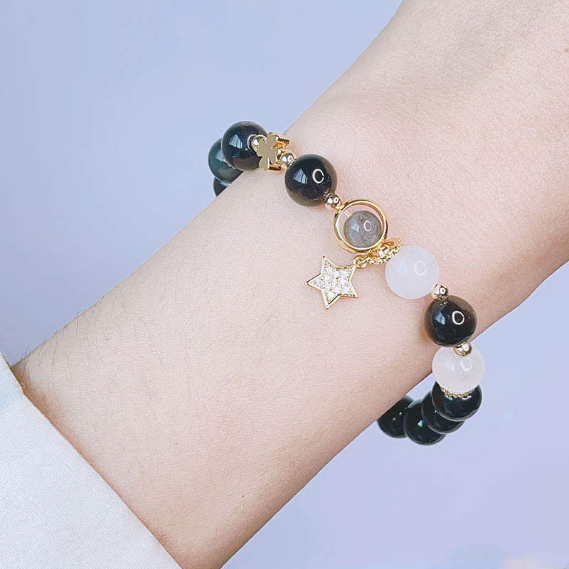 Armband Silber Obsidian Stern Schutz Liebe schwarze Perlen Handgelenk getragen
