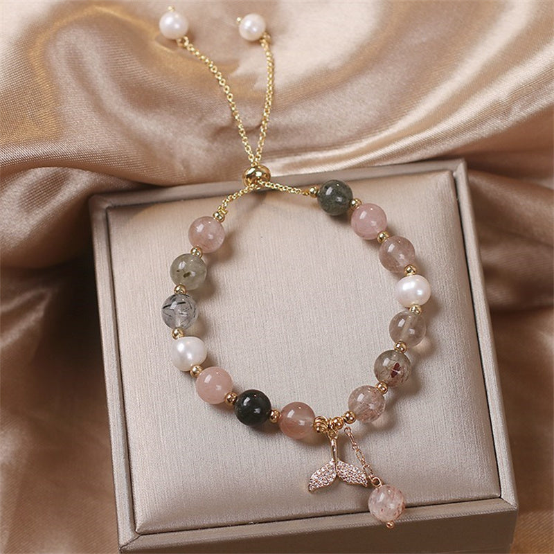 Armband Erdbeerquarz mit Perlen Anhänger Heilung Energie elegant