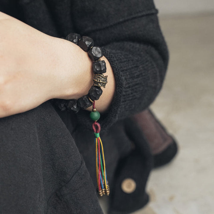 Mala Kupfer Ebenholz Frieden Armband schwarze Perlen Regenbogen Quaste
