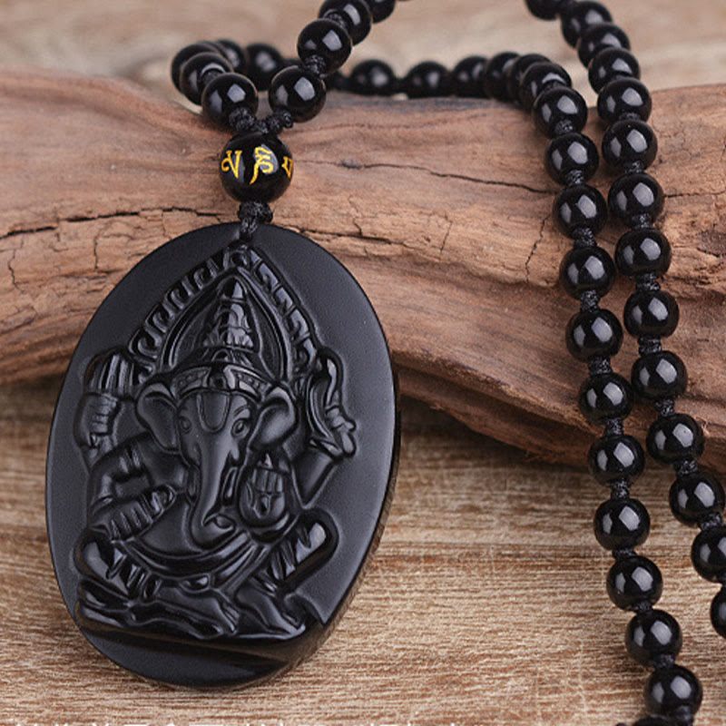 Obsidian Kette mit Ganesha Anhänger, schwarze Perlenkette Naturstein
