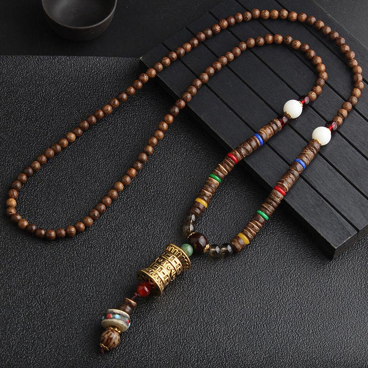 Holzperlen Kette mit Dzi Rad Anhänger Chakra Buddhistische Mala Halskette