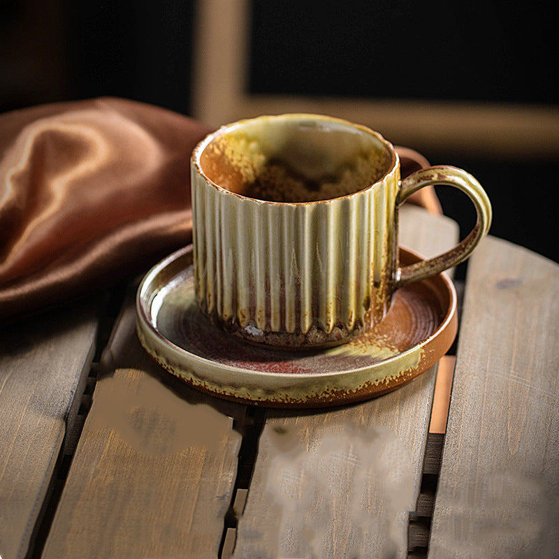 Teetasse Büro Retro Streifen Keramik Untertasse Khaki Gelb