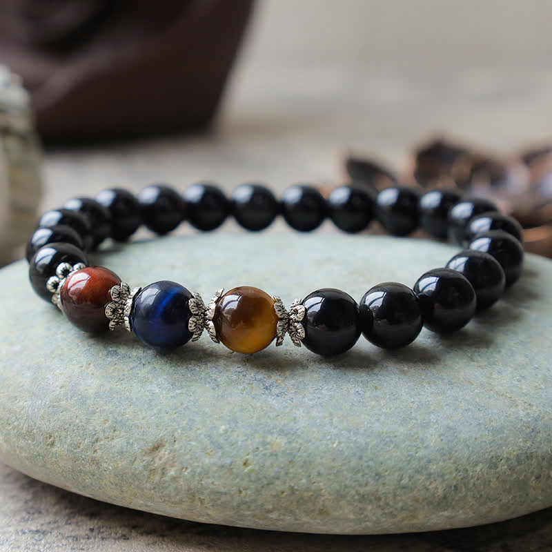 Armband Schwarzer Obsidian Tigerauge elastisch Naturstein glänzend schwarz braun