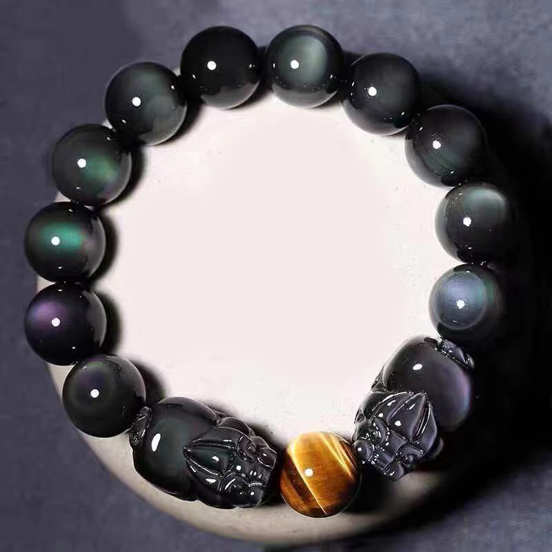 Armband Obsidian Pixiu – Heilung schwarze Perlen Tiger Eye Stein