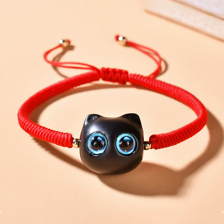 Armband Ebenholz Katze mit roten Schnüren Frieden elegant