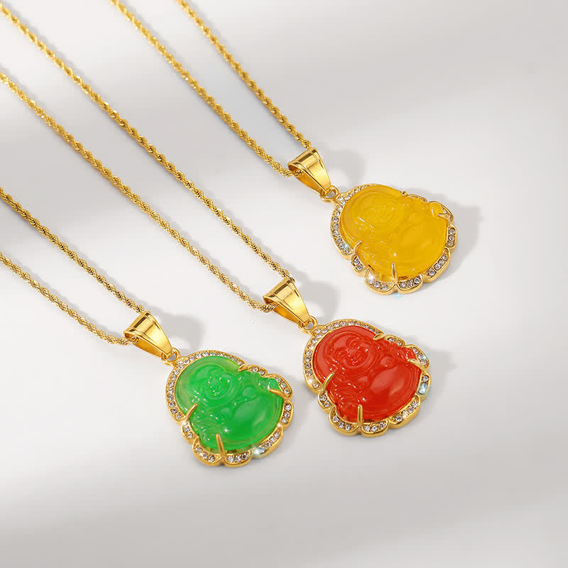 Kette Jade Buddha Lachen farbig Anhänger Gold Schmuck Set
