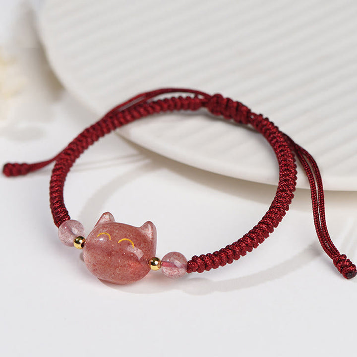Armband Silber Obsidian Erdbeerquarz Katze – Schutz