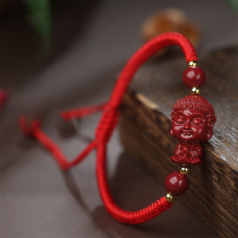Rotes Armband mit Buddha-Kopf Zinnober Chinesisches Tierkreis Segen elastisch