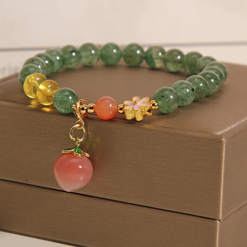 Armband Erdbeerquarz – Liebe grüner Aventurin goldene Perlen Anhänger