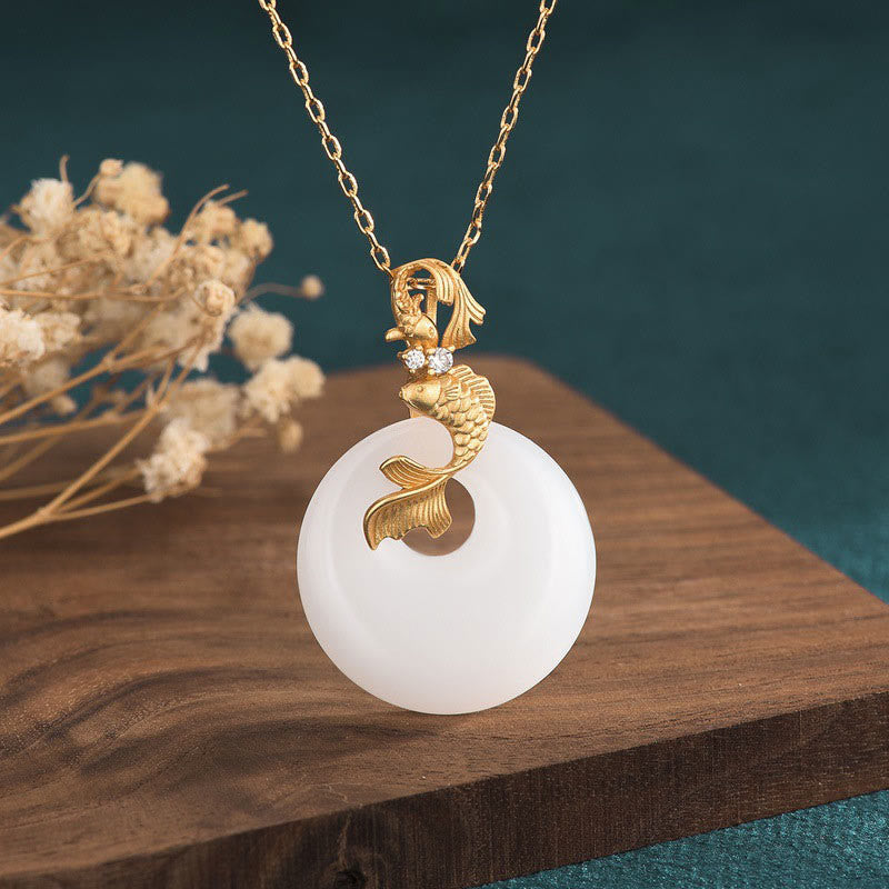 Kette weiße Jade Koi Fisch Gold Anhänger