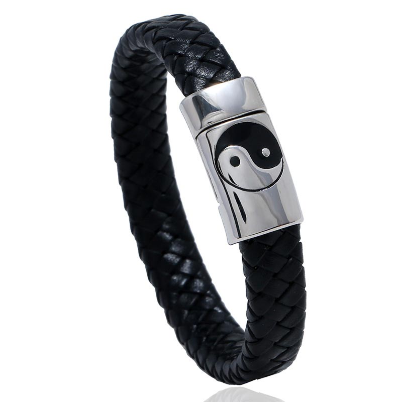 Armband Yin Yang – Balance schwarzes Leder geflochtenes Design Magnetverschluss