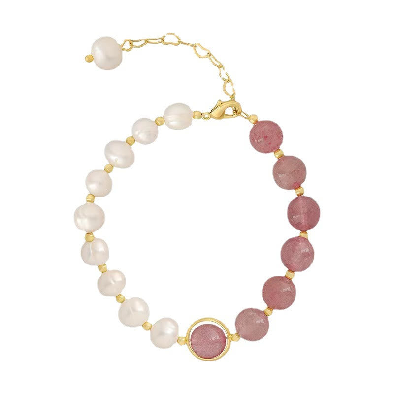 Armband Erdbeerquarz Perle weiß rosa gold elegant Naturstein