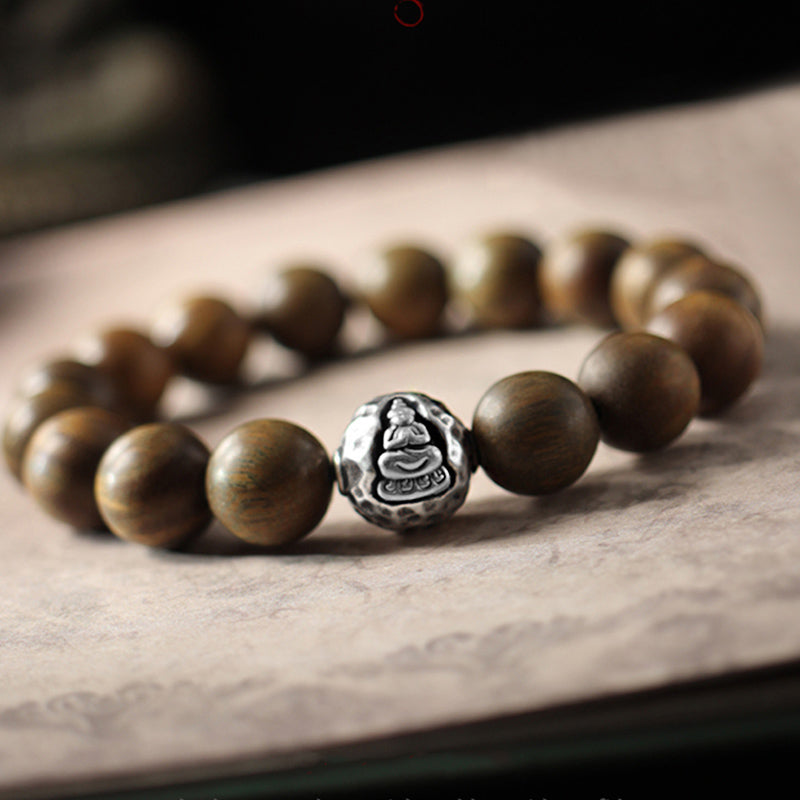 Sandelholz Armband mit silbernem Buddha Charm Perlen elastisch