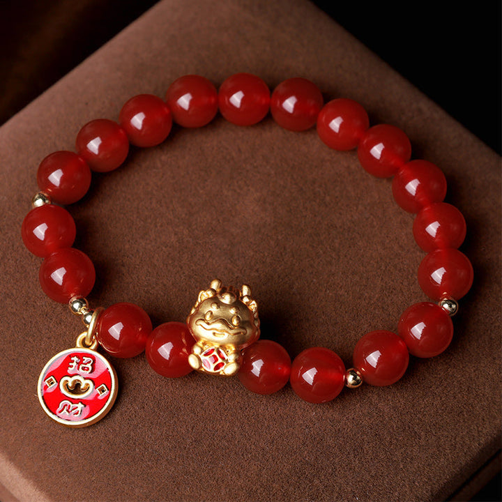 Armband Roter Achat mit Kupfer Drachen Glücksbringer Handgelenk.