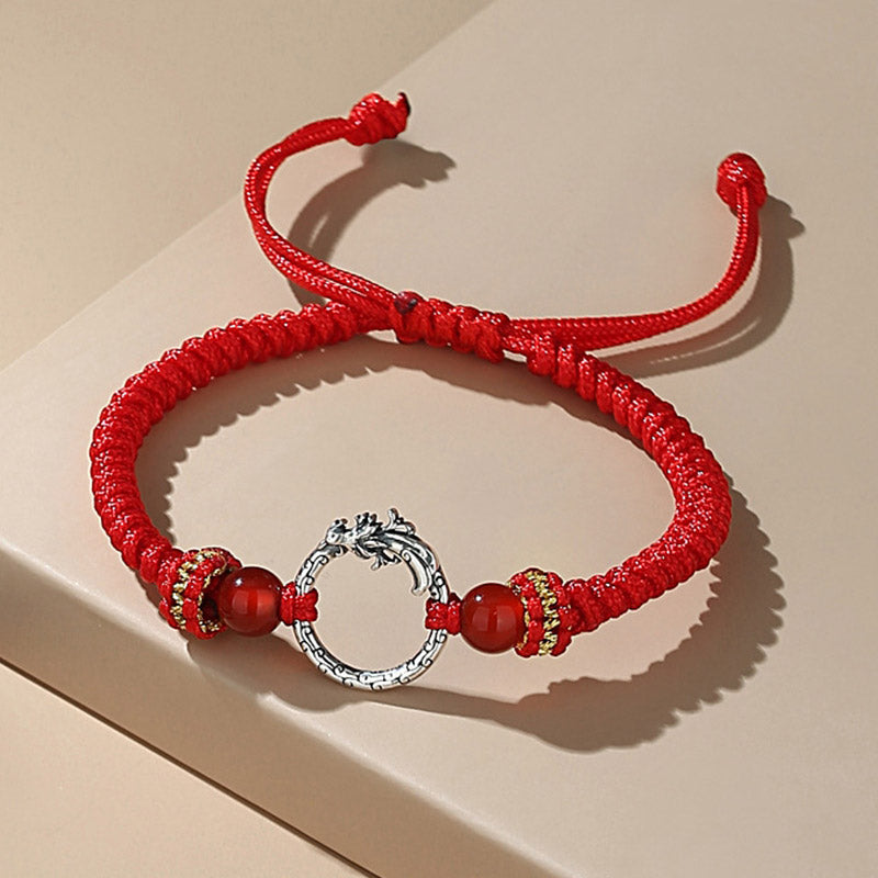 Rotes Seidenarmband 925 Silber Phönix mit elastischem Design